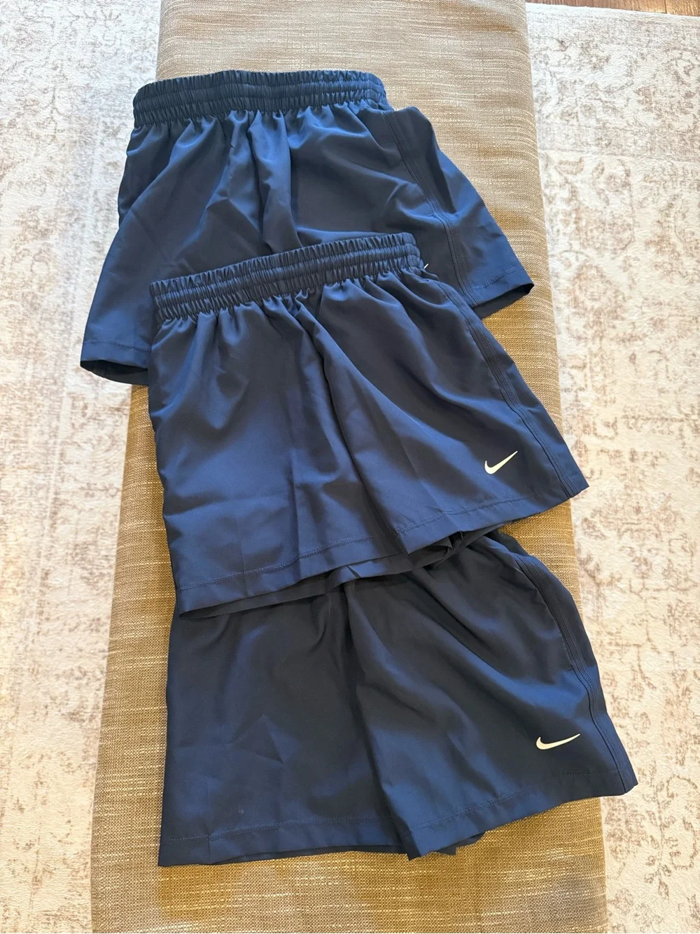 3 pairs of Nike Boys Navy Blue Athletic Shorts with Swoosh.